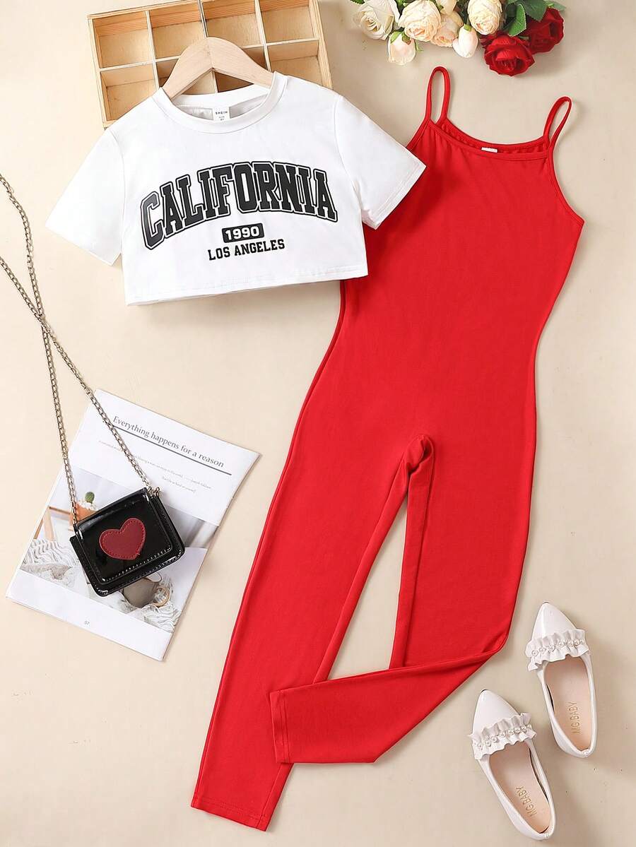 SHEIN Cô gái Tween Đồ họa Chữ cái Áo thun & Bộ áo liền quần Cami - Nhiều màu - Xem 1