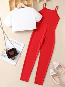 SHEIN Cô gái Tween Đồ họa Chữ cái Áo thun & Bộ áo liền quần Cami - Nhiều màu - Xem 2