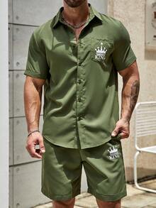 Manfinity LEGND Men Crown & Letter Graphic Shirt & Drawstring Waist Shorts - Army Green - View 4