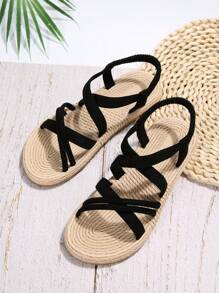 2025新款女士平底圆头波西米亚编织带休闲凉鞋，日常时尚户外沙滩夏季平底凉鞋 - 黑色 - 查看 5