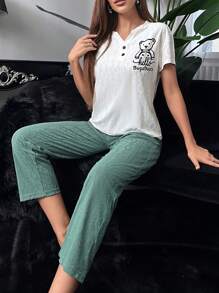 卡通和字母圖案缺口領睡衣套裝 - 彩色 - 查看 1