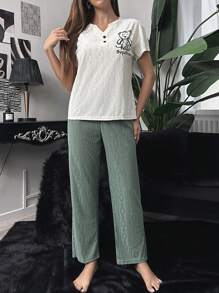 卡通和字母圖案缺口領睡衣套裝 - 彩色 - 查看 5