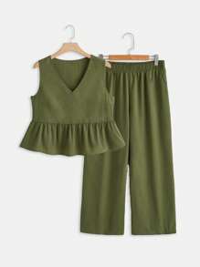 SHEIN LUNE Hơn Chất rắn Xù Hoa Sen Áo & Quần ống rộng - xanh quân đội - Xem 2