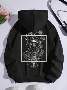 SHEIN EZwear Plus Floral Print  Pocket Drawstring Thermal Hoodie, For Winter Fall Autumn