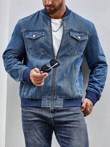 Manfinity Homme 男士翻蓋口袋牛仔夾克 - 中等水洗藍 - 查看 5