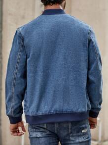 Manfinity Homme 男士翻蓋口袋牛仔夾克 - 中等水洗藍 - 查看 2