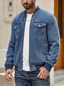 Manfinity Homme 男士翻蓋口袋牛仔夾克 - 中等水洗藍 - 查看 4