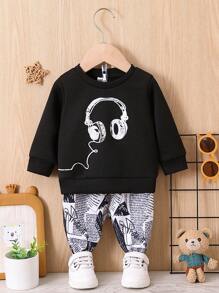 男嬰耳機圖案運動衫和波普藝術圖案衛褲 - 黑色 - 查看 1