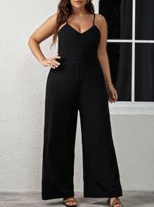 SHEIN Clasi Plus Solid Wide Leg Cami Jumpsuit - Black - View 2