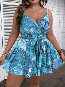 SHEIN Holidaya 大碼熱帶圖案腰帶吊帶連體短褲 - 彩色 - 查看 1