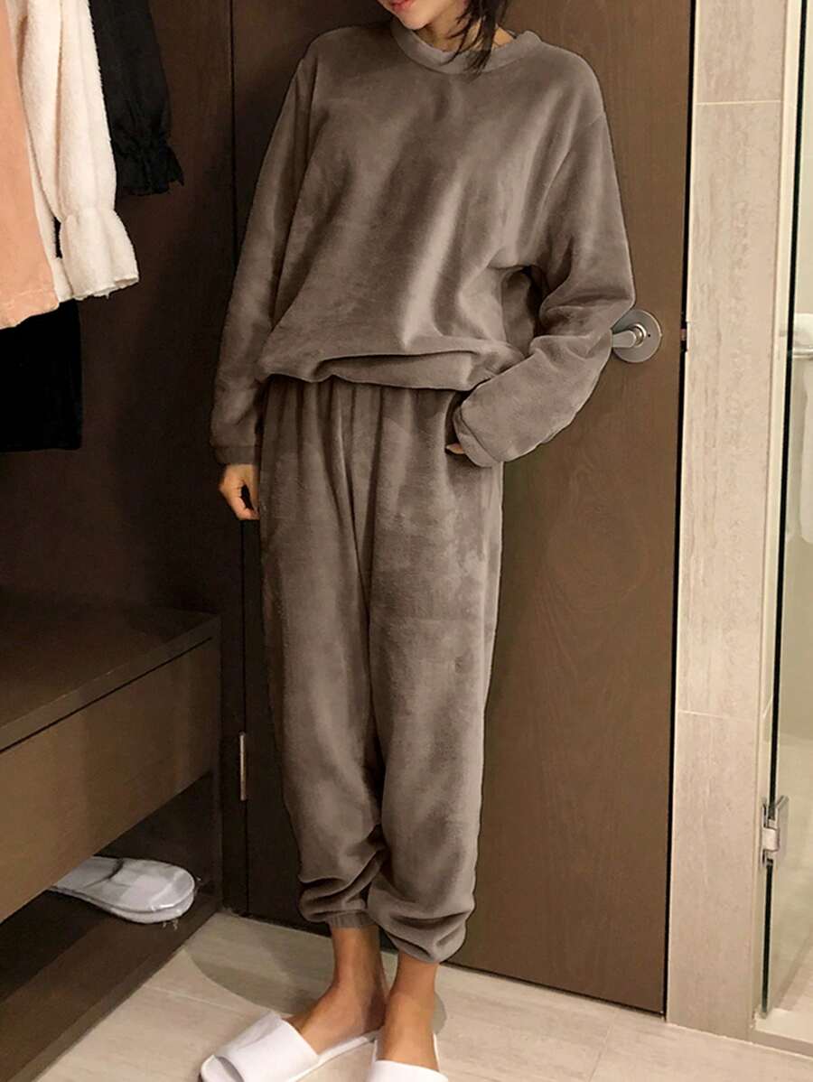 DAZY 纯色落肩法兰绒上衣和裤子蓬松睡衣套装，秋冬皆宜，舒适保暖