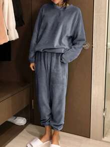 DAZY Pijama de franela con hombros caídos de un solo color para otoño e invierno - Gris Oscuro - Ver 1