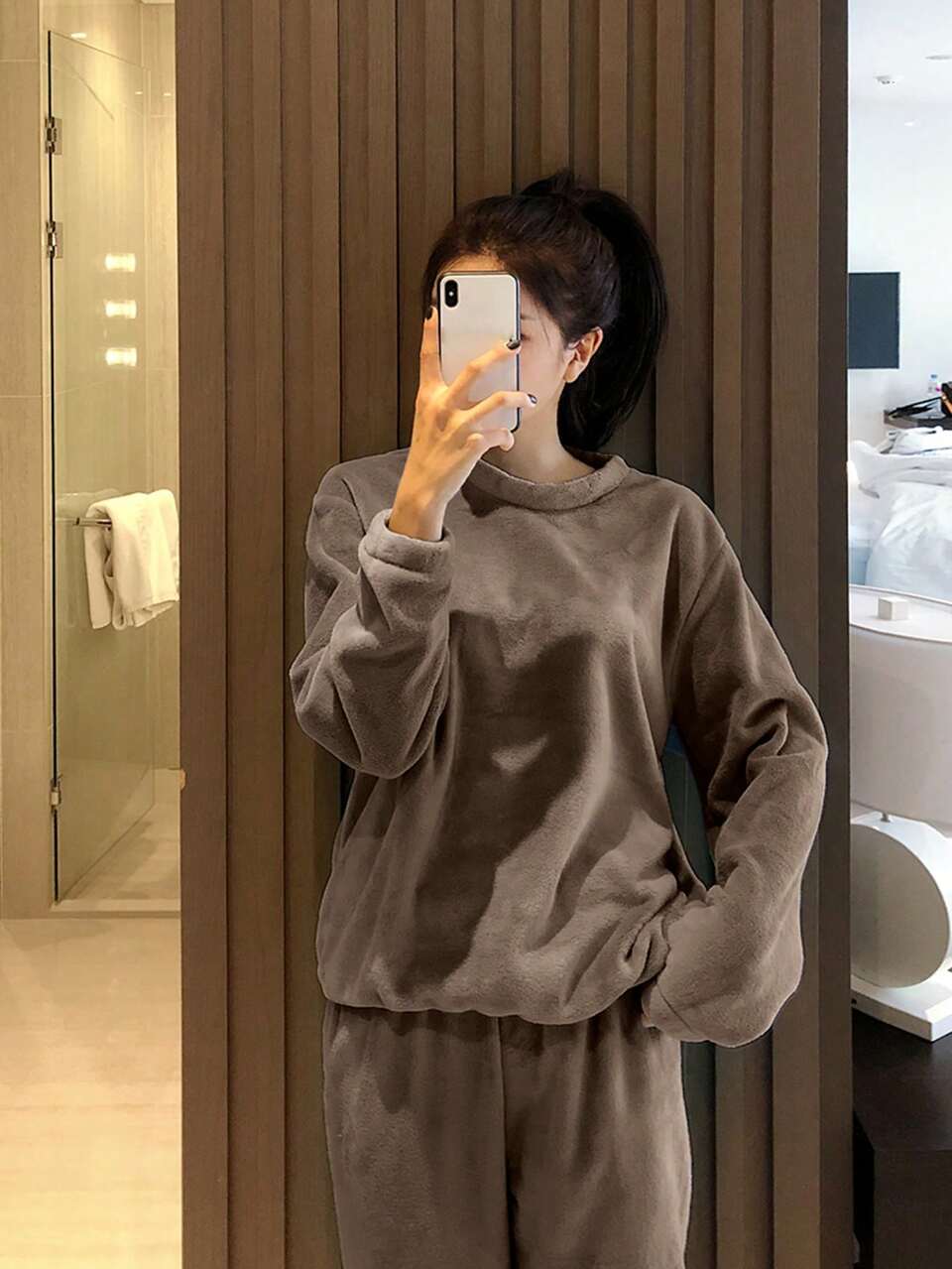 Solid Drop Shoulder Flannel Top & Pants Fluffy Pajama Set Fall, Winter Clothes, Cozy