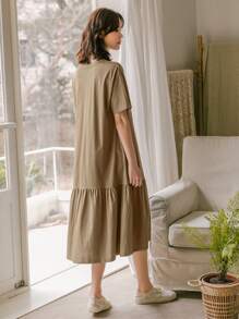 DAZY 花卉印花落肩荷叶边下摆罩衫连衣裙太阳裙 - 卡其色 - 查看 2