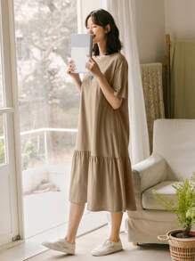 DAZY 花卉印花落肩荷叶边下摆罩衫连衣裙太阳裙 - 卡其色 - 查看 3