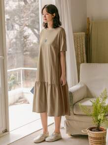 DAZY 花卉印花落肩荷叶边下摆罩衫连衣裙太阳裙 - 卡其色 - 查看 5