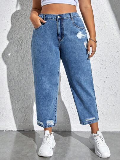 Plus High Waist Ripped Jeans