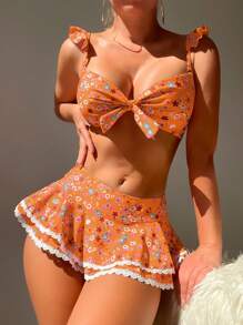 Ditsy Floral Print Ruffle Trim Knot Front Bikini Set For Summer Beach - Multicolor - View 6