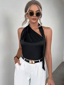 SHEIN Privé Solid Halter Satin Blouse - Black - View 1