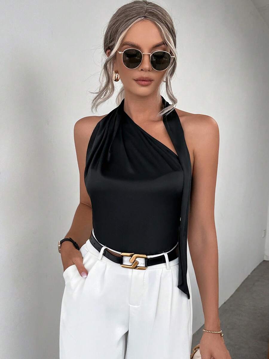 SHEIN Privé Solid Halter Satin Blouse - Black - View 1