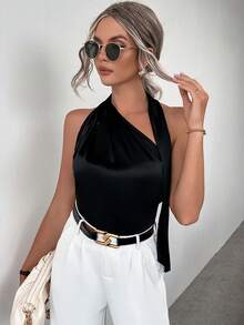 SHEIN Privé Solid Halter Satin Blouse - Black - View 3