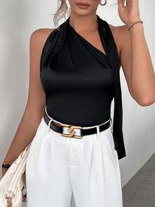 SHEIN Privé Solid Halter Satin Blouse - Black - View 5