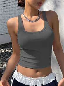 DAZY Solid Ribbed Knit Crop Tank Top - Grey - View 2