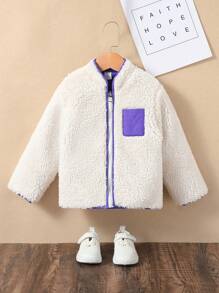 SHEIN Young Girl Zip Up Patched Pocket Teddy Jacket - Beige - View 3