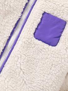 SHEIN Young Girl Zip Up Patched Pocket Teddy Jacket - Beige - View 4