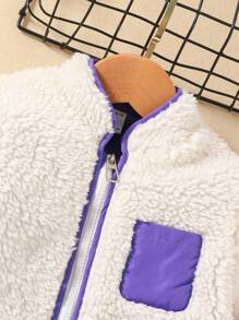 SHEIN Young Girl Zip Up Patched Pocket Teddy Jacket - Beige - View 5