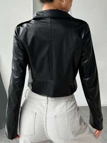 SHEIN EZwear Áo khoác da PU Moto có khóa kéo cho mùa thu/đông - màu đen - Xem 2