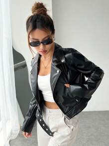 SHEIN EZwear Áo khoác da PU Moto có khóa kéo cho mùa thu/đông - màu đen - Xem 4