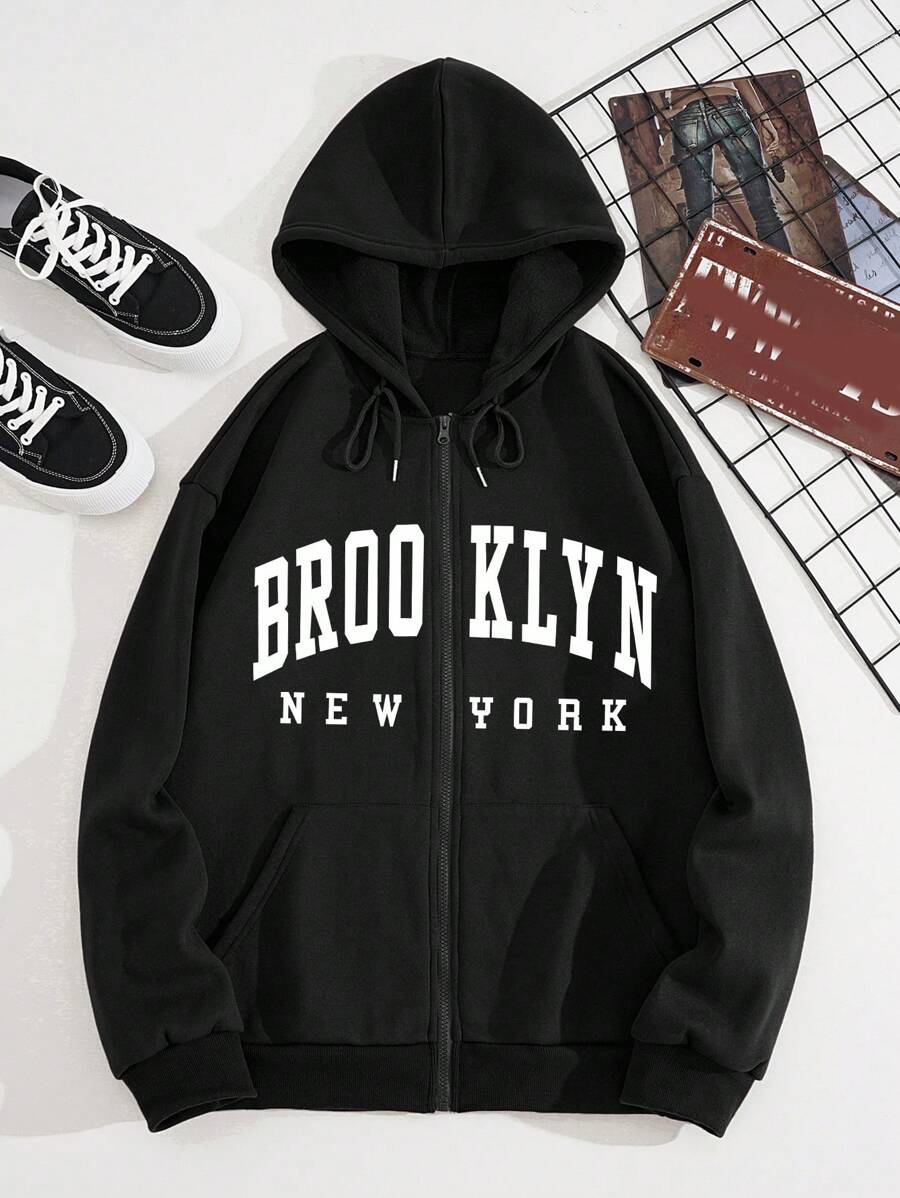 Men Letter Graphic Zip Up Drawstring Thermal Lined Hoodie - Black - View 1