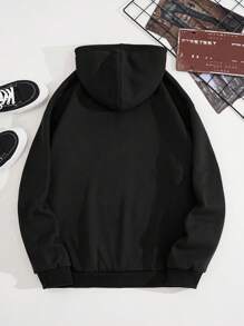 Men Letter Graphic Zip Up Drawstring Thermal Lined Hoodie - Black - View 2