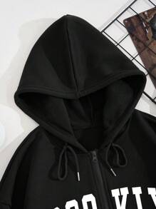Men Letter Graphic Zip Up Drawstring Thermal Lined Hoodie - Black - View 7