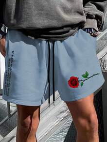 Manfinity Homme 男士玫瑰&標語圖案腰部抽繩短褲 - 藍色 - 查看 3