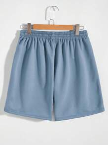 Manfinity Homme 男士玫瑰&標語圖案腰部抽繩短褲 - 藍色 - 查看 2