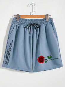 Manfinity Homme 男士玫瑰&標語圖案腰部抽繩短褲 - 藍色 - 查看 1