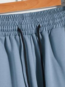 Manfinity Homme 男士玫瑰&標語圖案腰部抽繩短褲 - 藍色 - 查看 5