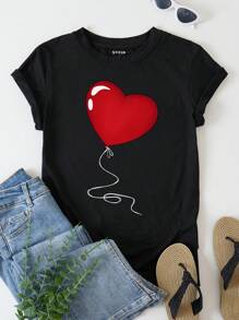SHEIN LUNE 愛心圖案T恤 - 黑色 - 查看 1