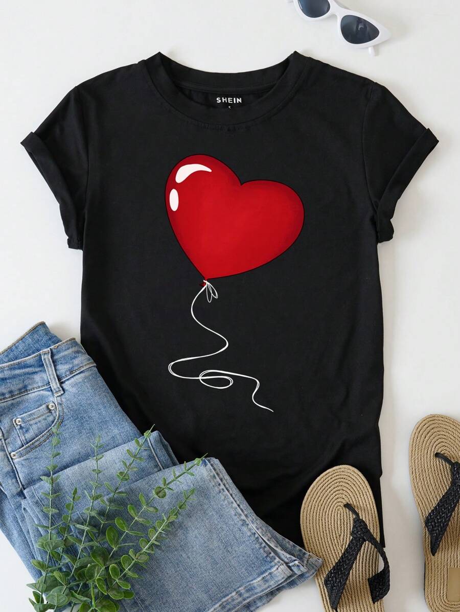 SHEIN LUNE 愛心圖案T恤 - 黑色 - 查看 1