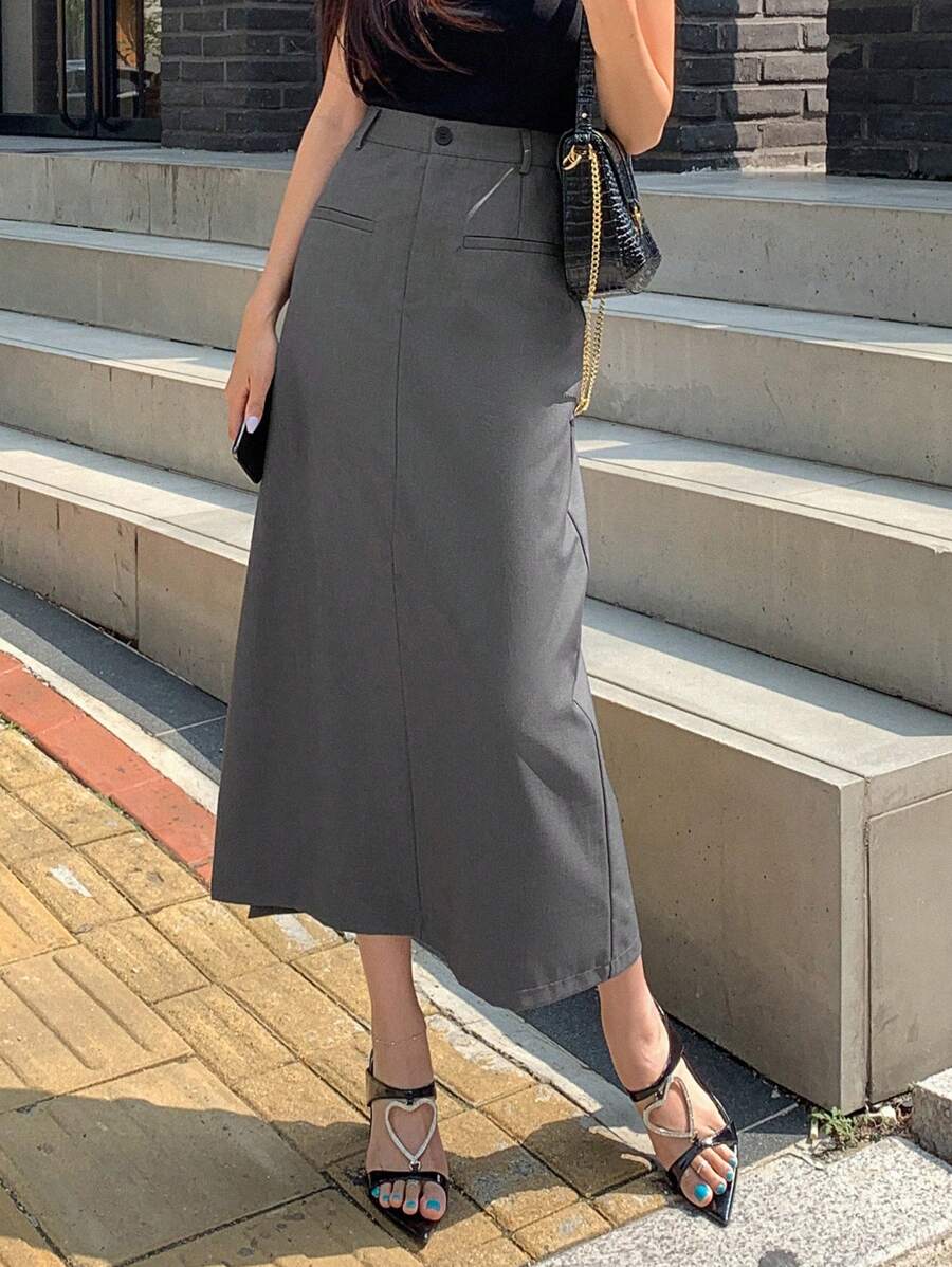 DAZY 開衩側直筒半身裙 - 深灰色 - 查看 1