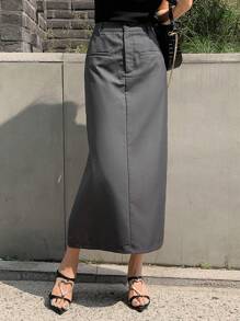 DAZY 開衩側直筒半身裙 - 深灰色 - 查看 3