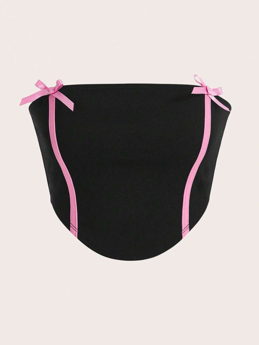 SHEIN MOD 拼接邊前蝴蝶結抹胸上衣 - 黑色 - 查看 1