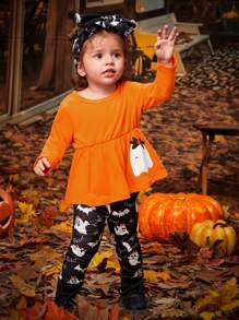 女嬰萬聖印花荷葉邊T恤和褲子 - 彩色 - 查看 4