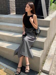 DAZY 開衩側直筒半身裙 - 深灰色 - 查看 8