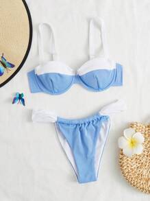 SHEIN 撞色比基尼泳裝 - 藍白色 - 查看 1