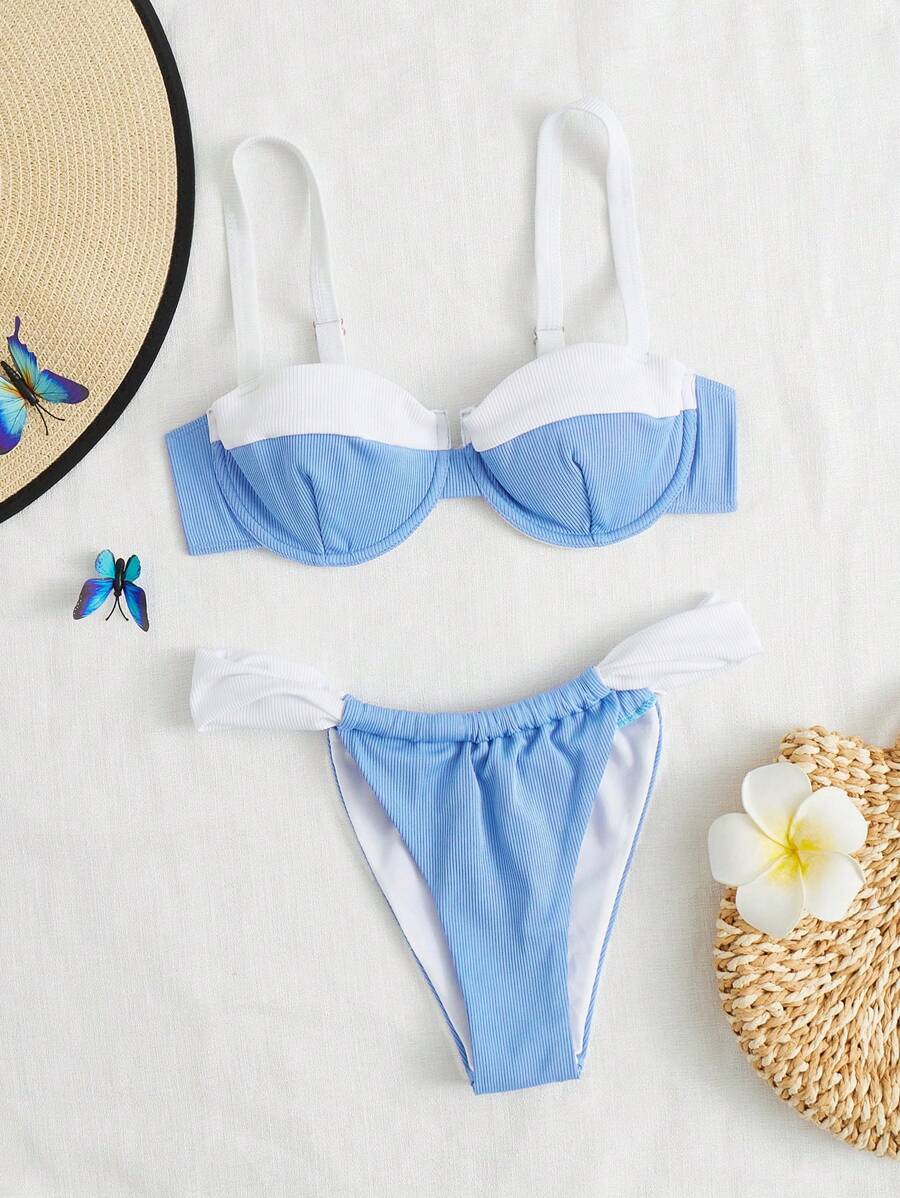 SHEIN 撞色比基尼泳裝 - 藍白色 - 查看 1