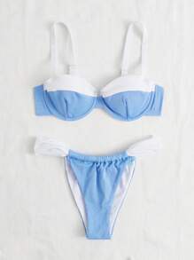 SHEIN 撞色比基尼泳裝 - 藍白色 - 查看 3