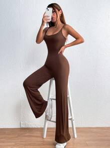 SHEIN MOOSTA Solid Flare Leg Cami Jumpsuit - Coffee Brown - View 1